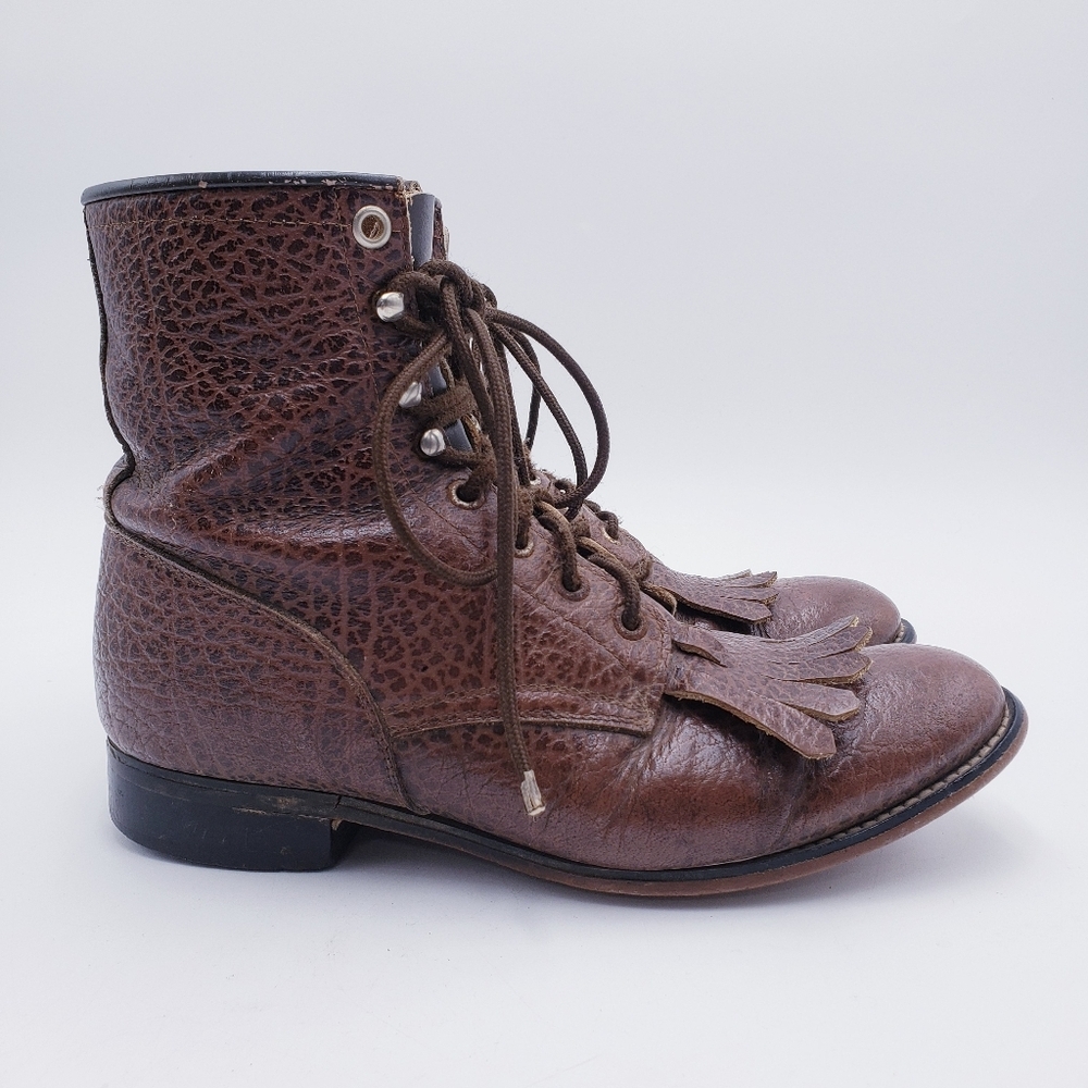 Justin Lacer Roper Kiltie Boots Brown Bullhide Leather Women 6 B Cowboy Mid-Calf